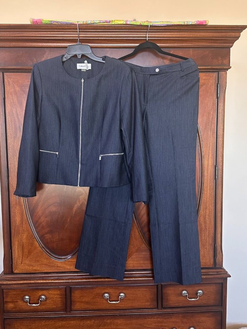 Calvin Klein Navy Pinstripe Pant Suit Zip Front Tailored Career Set 12/10